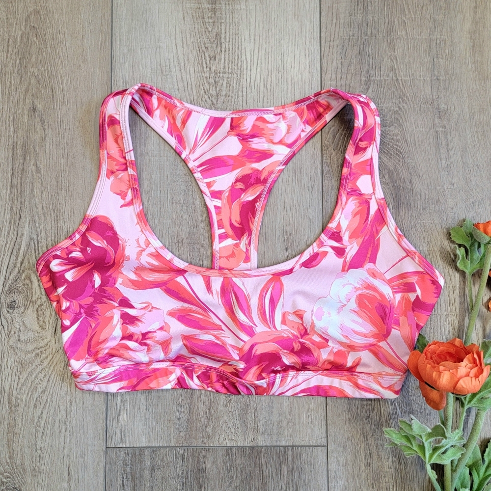 Bright Coral & Hot Pink Floral Sports Bra Crop Top JustFab Athletic Wear Size L - Picture 3 of 9